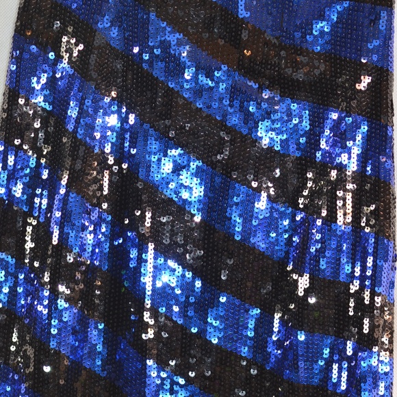 BLue Black Striped Sequin One Sholder Mini Dress Sz S BEDO - Picture 4 of 7